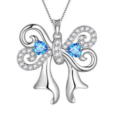 Women Bow Ribbon Necklace March Birthstone Pendant Blue Crystal Girls Jewelry Birthday Gifts 925 Sterling Silver - Aurora Tears Jewelry